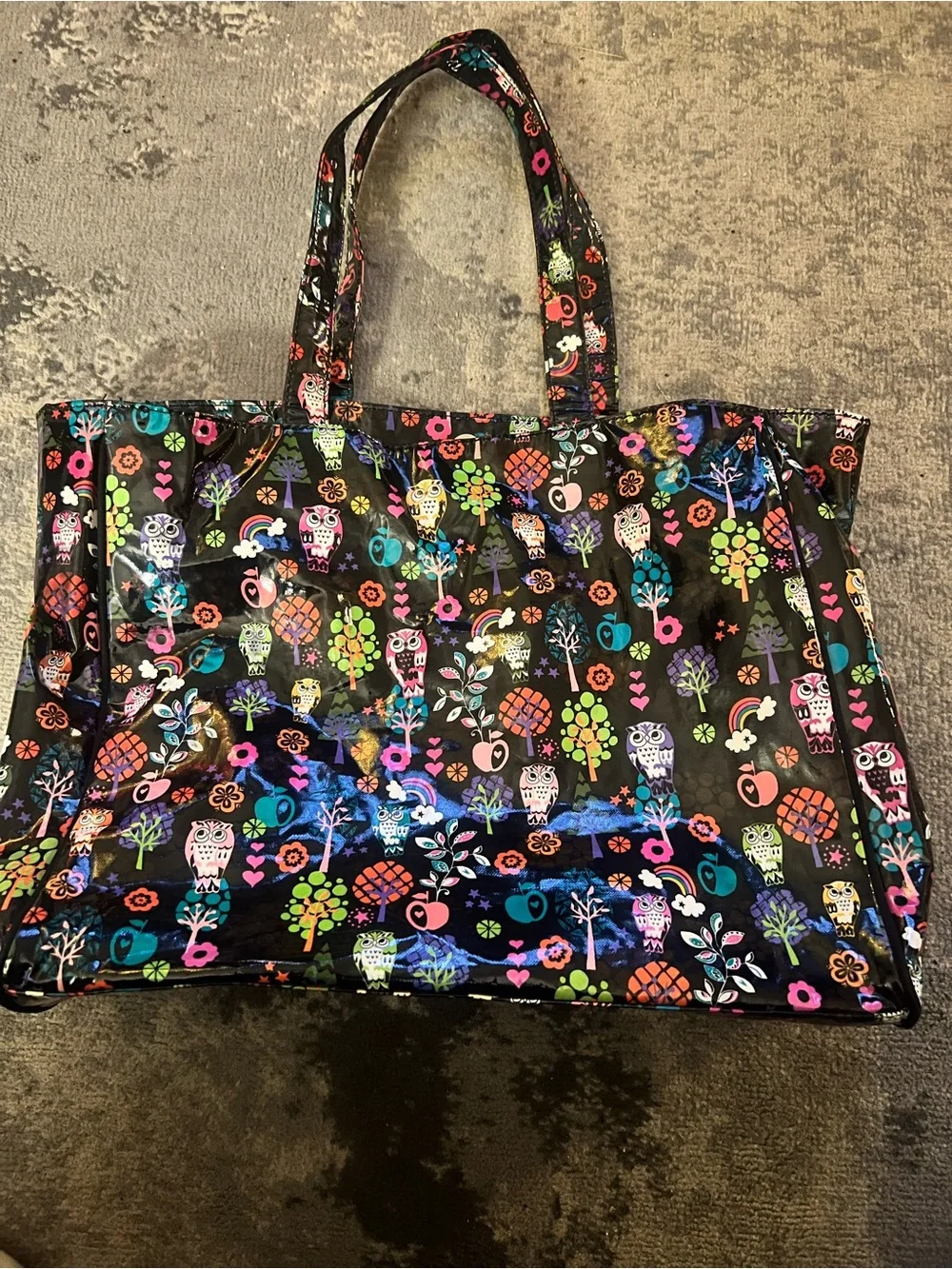 Black Tote Bag with Colorful Owl & Floral Print